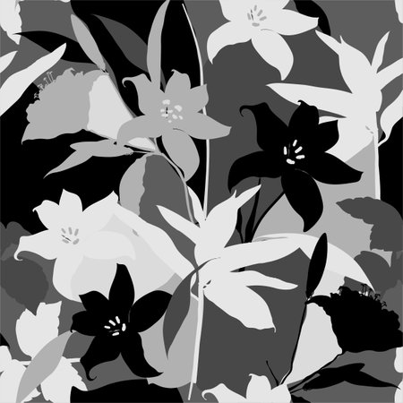 Monotone black and white Vector seamless pattern with hand drawing classic botanical illustration, floral elements in vector design for fashion,fabric,web,wallpaper and all printsのイラスト素材