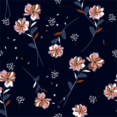 Beautiful florals and unique meadow flowers blowing in the wind seamless pattern in vector design for fashion ,fabric,web,wallpaper and all prints on navy blue background colorのイラスト素材