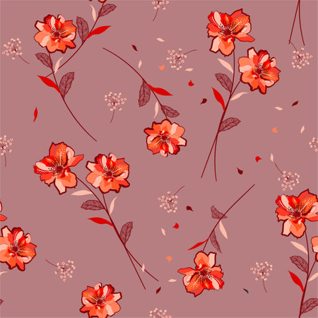 Trendy fresh orange Floral pattern botanical bllwing in the wind Motifs scattered random. Seamless vector texture. For fashion prints. Printing with in hand drawn style on retro pink background color.のイラスト素材