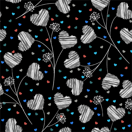  Seamless hand drawn sketch heart pattern illustration. Black and white line with small colorful mini heart,Design for fashion ,fabric,web,wallpaper,and  all prints on blackのイラスト素材