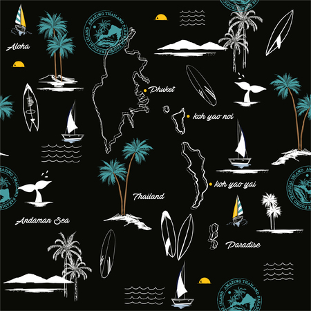 Seamless pattern of PHUKET island in thailand paradise Tropical mood ,Design for fashion ,fabric,web,wallpaper,wrapping and all prints on black background colorのイラスト素材
