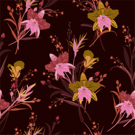 Trendy and Unique Seamless vector blooming orchid, floral summer pattern background in the garden. Design for wallpapers, web page backgrounds, surface textures, textile and all prints on dark maroon backgroundのイラスト素材