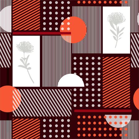 Beautiful  Geometry minimal seamless pattern simple shape and silhouette flowers and stripe modern vector pattern design for fashin ,fabric,web,wallpaper and all prints on dark maroon colorのイラスト素材