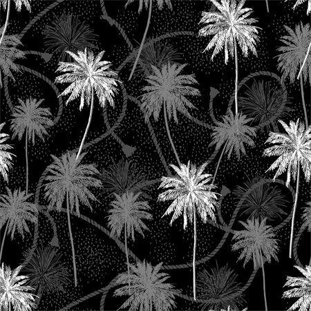 Monotone black and white Seamless pattern Tropical plam trees layer on sailor rope texture summer mood seamless pattern in vector design for fashion,fabric,web,wallpaper and all prints on blackのイラスト素材