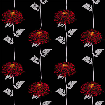 Red blooming chrysanthemum line striped seamless pattern in vector design for fashion,fabric,web,wallpaper and all prints on black background colorのイラスト素材
