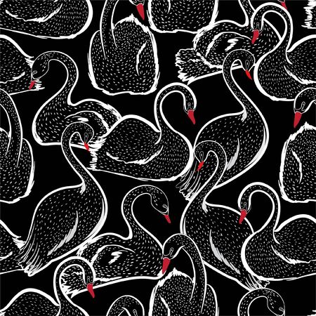 Stylish Black and white hand drawn pink swan doodle sketch seamless pattern on vector design for fashion ,fabric ,web, and all prints on black background colorのイラスト素材
