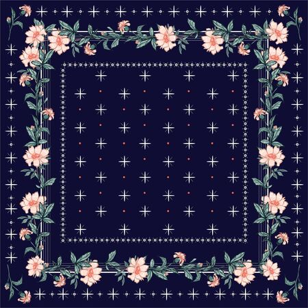 Colorful  shawl, scarf print. Blooming garden florals background with line and geometric bandana style seamless pattern in vector .Design for fashion,fabric ,web ,wallpaper, and all prints on navy blue backgroundのイラスト素材