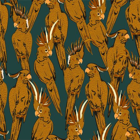 Vintage hand sketch doodle of yellow cockatoo parrot birds  seamless pattern in vector design for fashion, fabric, web, wallpaper, and all prints on dark green  background colorのイラスト素材