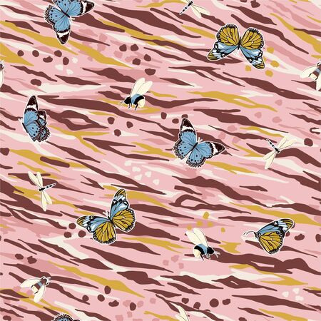 Pastel Seamless pattern of butterflies flying on animal leopard and zebra skin hand drawn brush  ,vector design for fashion,fabric,wallpaper,and all prints on retro pink backgroundのイラスト素材