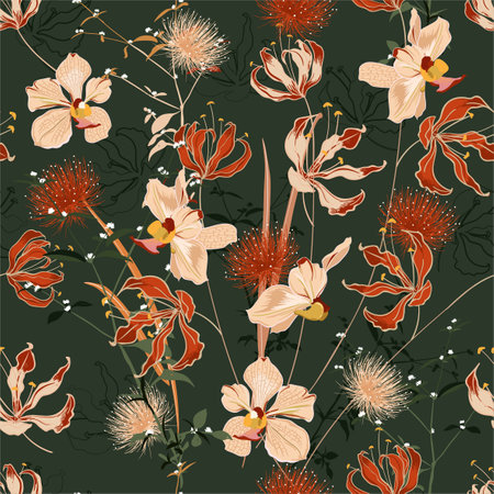 Retro Summer wild forest full of blooming flower in many kind of floral seamless pattern vector ,hand drawing style for fashion, fabric and all prints on vintage green background.のイラスト素材