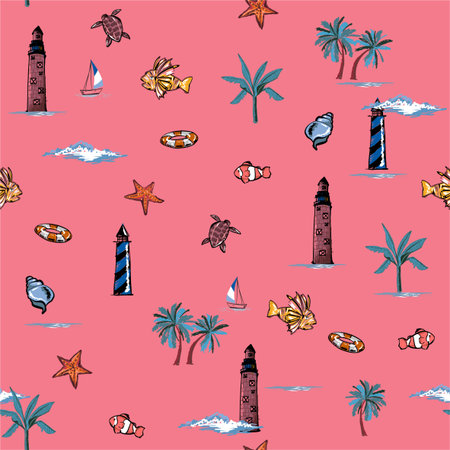 Sweet Vector is seamless and repeatable. Tropical summer elements print Wallpaper with nature beach...