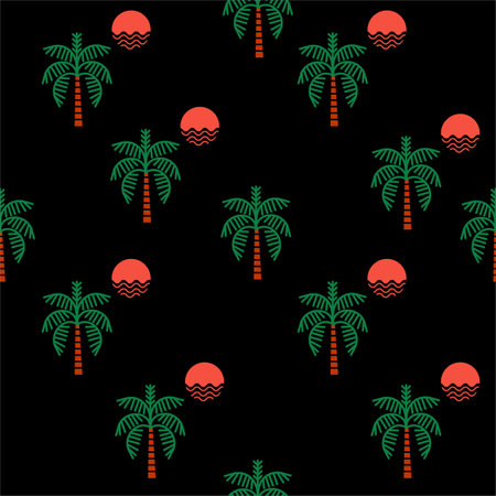 Trendy Summer night vector elements seamless pattern. Palm trees, sun, icon regular repeat Vector illustration .Design for fashion ,fabric, web, wallpaper, and all prints on blackのイラスト素材