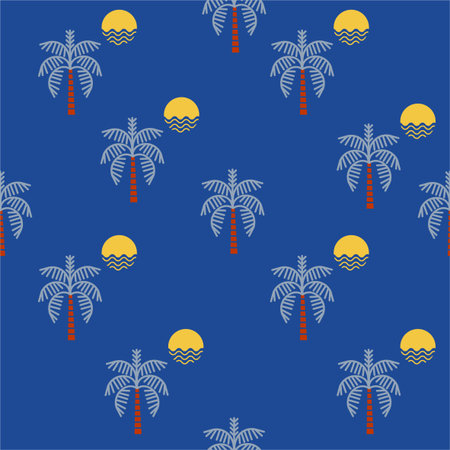Summer beach elements seamless pattern. Palm trees, sun, regular repeat Vector illustration .Design...