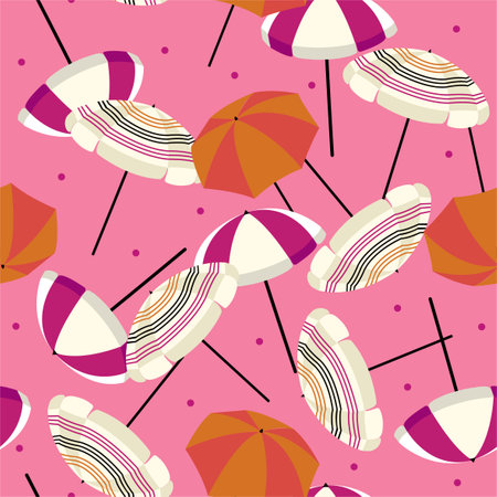 Colorful Beach umbrella with polka dots. Vector seamless pattern on pink background. Design for fashion , web , wallpaper, wrapping , fabric ,and all prints のイラスト素材
