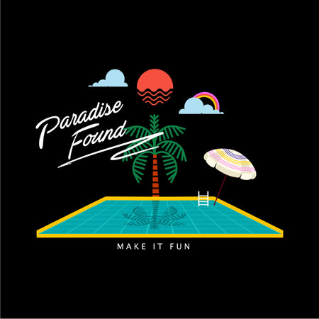 Vector tropical elements. Summer beach plam trees, pool , umbrella ,sky ,and rain bow in illustrations .Design For t-shirt , fashion,fabric,web,wallpaper,wrapping,and all prints on black backgroundのイラスト素材