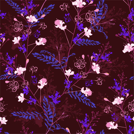 Bautiful Dark garden night blooming peacock flowers, branches, leaves . Vector seamless pattern. Illustration for fabrics,and all prints on purple background colorのイラスト素材