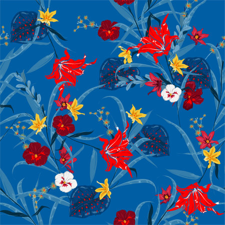 Summer high contrast color botanical forest Vector seamless floral plants pattern. Exotic blooming many kind of flowers illustration. Design for fabric, web ,fashion, and all prints on electric blue colorのイラスト素材