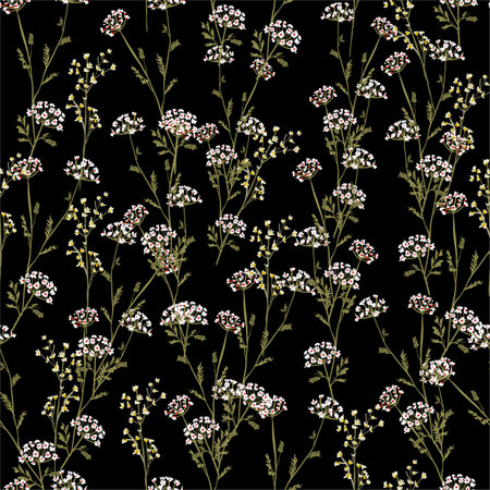 Vintage Beautiful and trendy Seamless Pattern meadow flowers, Isolated on summer black color. Botanical Floral Decoration retro style Design for Fabric Print, Wallpaper Background.のイラスト素材