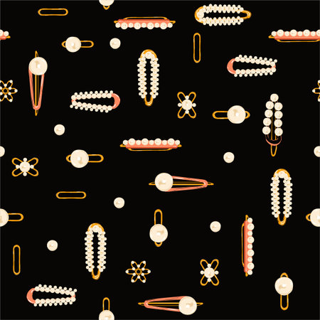 Trendy white pearl and glod Hairpin retro elegance style seamless pattern in vector random repeat design for fashion , fabric,wrapping , web and all prints on black background colorのイラスト素材
