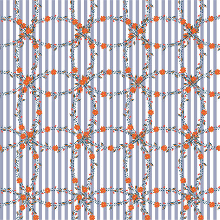 Circle wreath flower and embroidery leaves layer on vertical grey and white striped seamless pattern vector ,Design for fashion, fabric, web, wallpaper, and all printsのイラスト素材