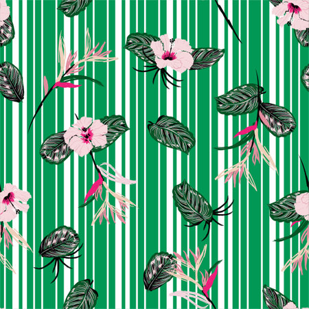 Seamless pattern with hibiscus floral ,tropical elements on stylish white and green vertical striped background ,Summer motives. Vector design for fashion,frabric,web,wrapping wallpaper and all printsのイラスト素材