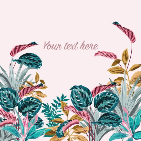 Beautiful Summer sweet tropical vector  design for banner or flyer with pastel retro plants , palm leaves with text on light pink background colorのイラスト素材