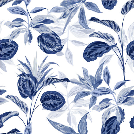 Seamless pattern monotone blue tropical in the forest unique design in vector for fashion, fabric, wallpaper , wrapping , and all prints on white background colorのイラスト素材