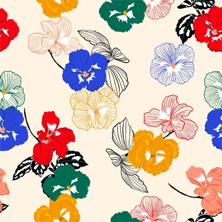 Colorful pansy flower with stylish outline seamless pattern ,Design for fashion,fabric,web,wallpaper ,and all graphic type on sweet light cream background colorのイラスト素材