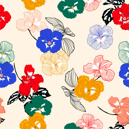 Colorful pansy flower with stylish outline seamless pattern ,Design for fashion,fabric,web,wallpaper ,and all graphic type on sweet light cream background colorのイラスト素材
