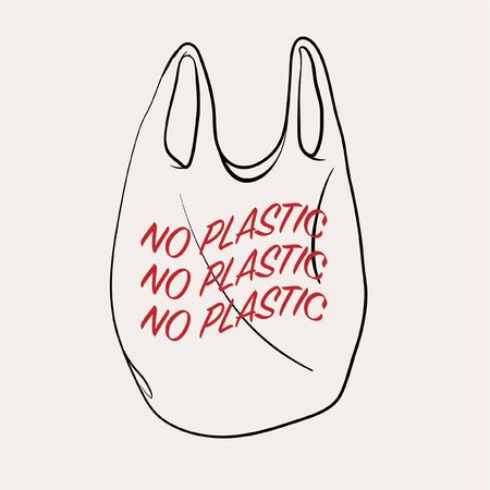 Plasictic bag  with wording âNO PLASTIC â  3 lines in hand drawn vector design Design for save the world , no plastic bag campaign and all graphic used ,on light beige background colorのイラスト素材