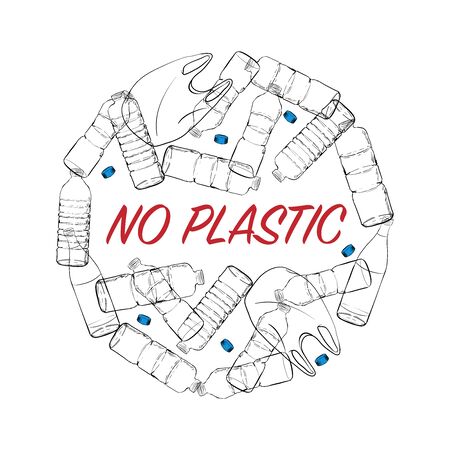 Plasictic bag  abd bottle in the circle shape with wording âNO PLASTIC â  hand drawn style vector design Design for save the world , no plastic bag campaign and all graphic used ,on whiteのイラスト素材