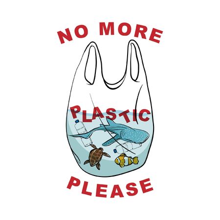 Say no to plastic , sea animal in the plasictic bag  with wording âNO MORE PLASTIC PLEASEâ  in hand drawn vector design Design for save the world , no plastic bag campaign and all graphic used ,on white background colorのイラスト素材