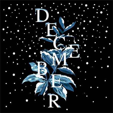 Botanical plants with snow winter mood with wording DECEMBER vector illustrationのイラスト素材