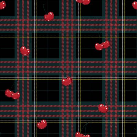 Cute classic scottish tartan red and green layer on red cherries seamless pattern vector illustrationのイラスト素材