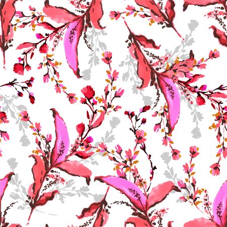 Sweet stylish blooming of wild flowers from hand drawn monotone pink color from marker pen and ink sketch seamless pattern in vector ,Design for fashion ,fabric, wallpaper,wrapping,modern style on white background color.のイラスト素材