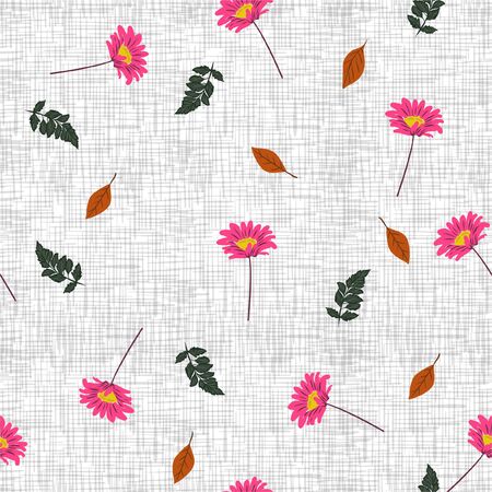 Blowing shocking pink daisy flowers and leaves on white texture seamless pattern vector,Design for fashion,fabric,web,wallpaper,wrapping and all prints and all graphic typeのイラスト素材