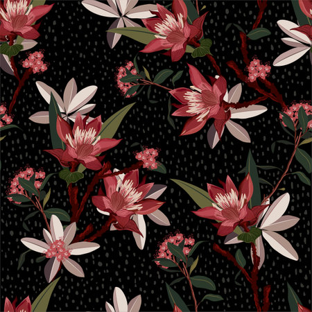 Hand drawn Seamless vector pattern with red flowers and leaves with hand brushed brush. Vintage garden floral mood pattern for fashion,fabric and all prints on blackのイラスト素材