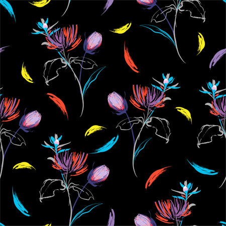 Trendy Colorful Hand brush strokes line of botanical flowers sketch style. Vector seamless pattern illustration design for fashion,fabric ,and all prints on blackのイラスト素材