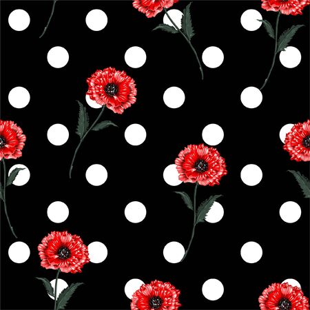 Red Blooming poppy flowers seamless pattern with white polka dots on black background in hand drawing style.Design for all printsのイラスト素材
