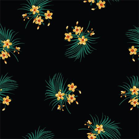 Exotic tropical yellow flowers and palm leaves dark night jungle background seamless pattern vectorのイラスト素材