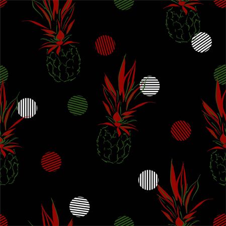 Hand drawn Pineapple background with stripe polka dots Seamless pattern in vectorのイラスト素材