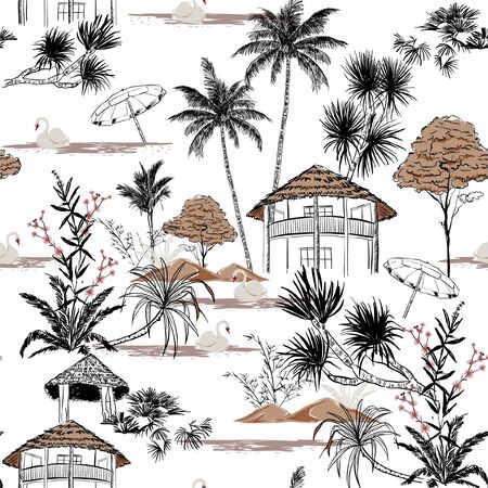 Beautiful Hand drawn summer island with hut and swan vacation vibes seamless pattern vectorのイラスト素材