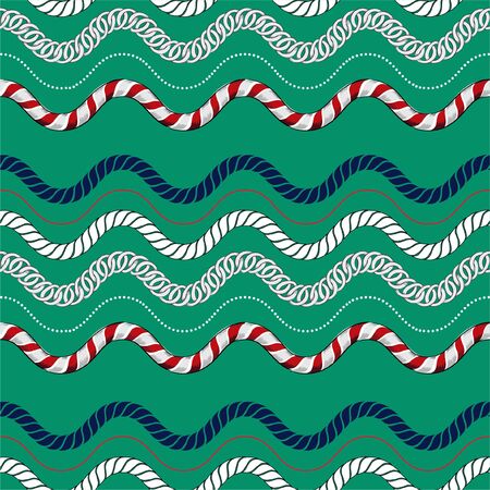 Summer sea nautical rope and chain accessories, wave horizontal striped seamless pattern vector EPS10,Design for fashion,fabric,web,wallpaper,wrapping,cover and all prints on light green backgroundのイラスト素材