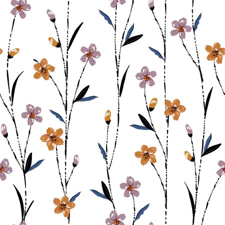 Beautiful seamless pattern vector with meadow flowers with hand brush line stem, Liberty colorful floral background.pattern for fashion,fabric and all prints on white backgroundのイラスト素材