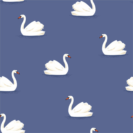 Beautiful Classic hand drawn white swan bird in the blue lake seamless pattern in vectorのイラスト素材