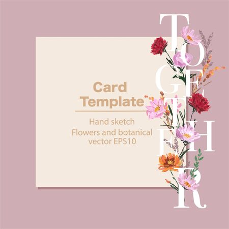 Hand brush watercolour blooming garden flowers beautiful florals design for Card template graphic vector eps10 , Design for Tshirt, clothes,fashion,textile,fabric weddig,invitations , card and all graphic type on light pinkのイラスト素材