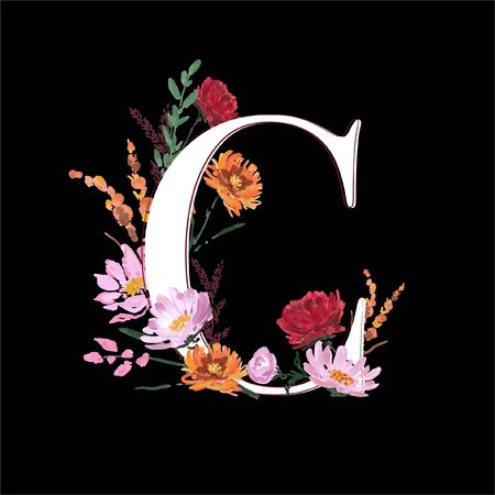 Alphabet modern  C font made ofhand drawn flower brush . Vector EPS10 Big letter C Design for invitations wedding card ,decoration ,T-shirt and all graphic type on black .のイラスト素材
