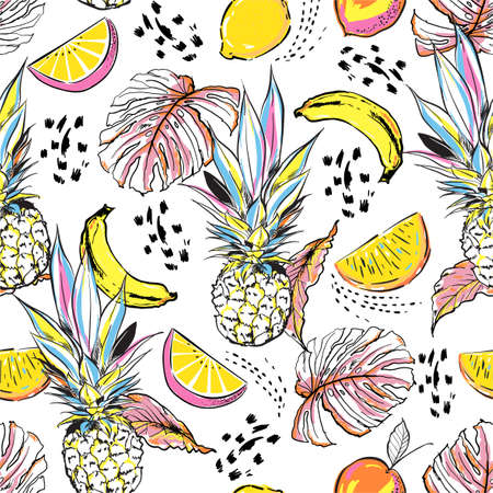 Colourful hand drawn sketch summer fruits ,pineapple, orange, lemon and leaves seamless pattern in vector Disign for all fashion, fabric and all print on whiteのイラスト素材