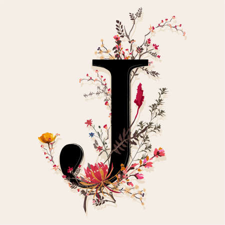 Alphabet " J" with beautiful botanical floral vector EPS10, Desig for fashion,fabric,T-shirt,card ,wedding and all graphic type on light beige color backgroundのイラスト素材