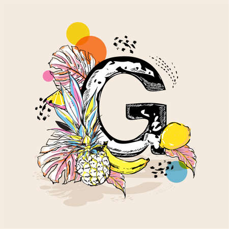 Colourful hand sketch Alphabet big G font made from summer fruits , Vector EPS10  Design for fashion, fabric, tshirt,invitations ,decoration , and all graphic type on light beige background color.のイラスト素材